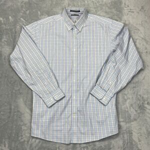 Eddie Bauer Shirt Mens L Blue Beige Check Wrinkle Free Relaxed Fit Button Down